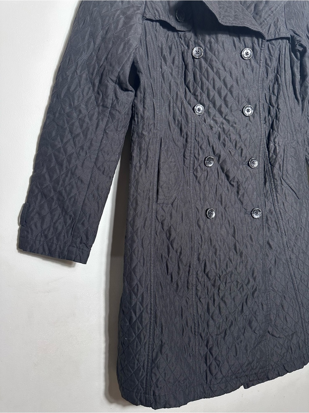 Y2K Merona Quilted Double-Breasted Black Trench Coat - Picture 2 of 6